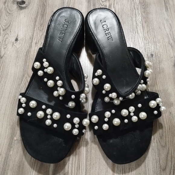 J. Crew Suede Pearl Studded Double Strap Slide Sandals Women's Size 7.5 - Picture 1 of 5